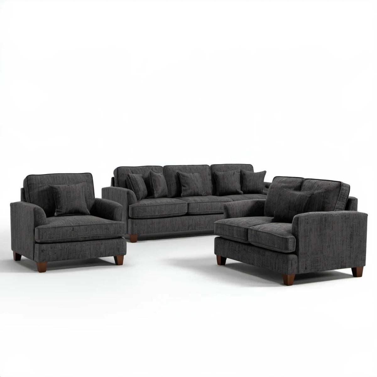Zestaw 3+1+1 w kolorze ciemnoszarym z brązowymi nóżkami, sofa 210 x 90 x 88 cm