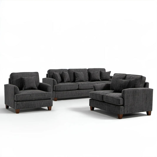 Zestaw 3+1+1 w kolorze ciemnoszarym z brązowymi nóżkami, sofa 210 x 90 x 88 cm