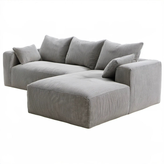 Szara sofa narożna z prawostronnym szezlongiem, sztruksowa, 270 x 165 x 85 cm