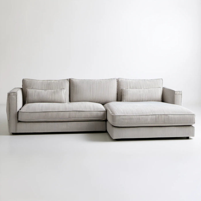 Prawostronna sofa narożna sztruksowa jasnoszara 280 × 165 × 85 cm